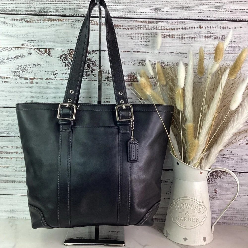 COACH VINTAGE HAMPTON BLACK SHOULDER BAG TOTE SMOOTH‎ LEATHER PURSE WORK